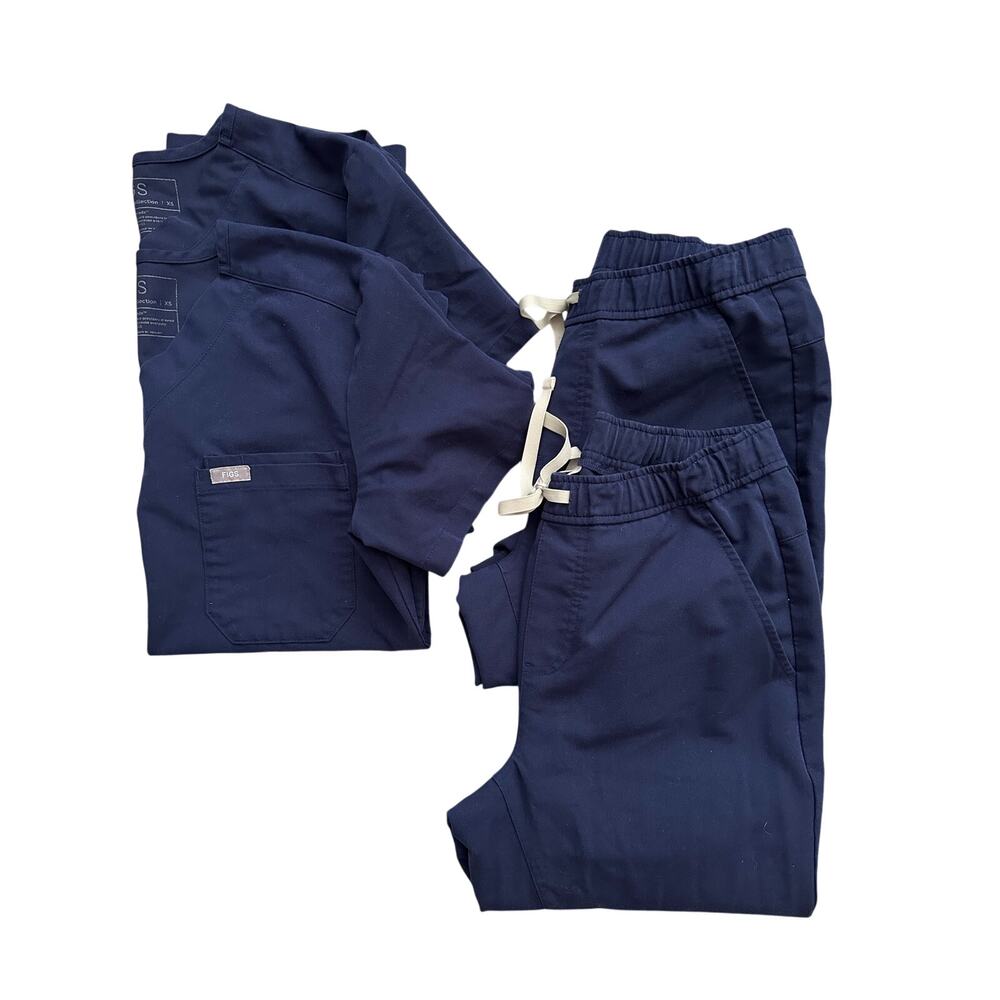FIGS Navy Scrub Bundle 2‎ Sets 4 Pieces XS Catarina Tops Zamora Jogger Pants